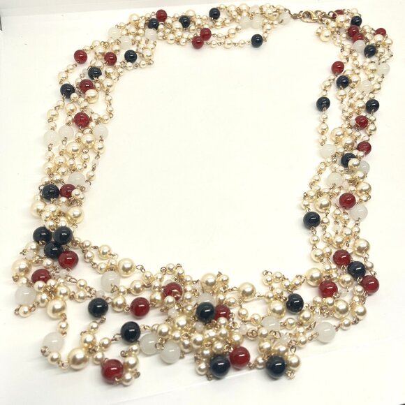 MULTI STRAND PEARL BEAD NECKLACE RED BLACK GOLD LUXE COUTURE STATEMENT 28" - Picture 7 of 12